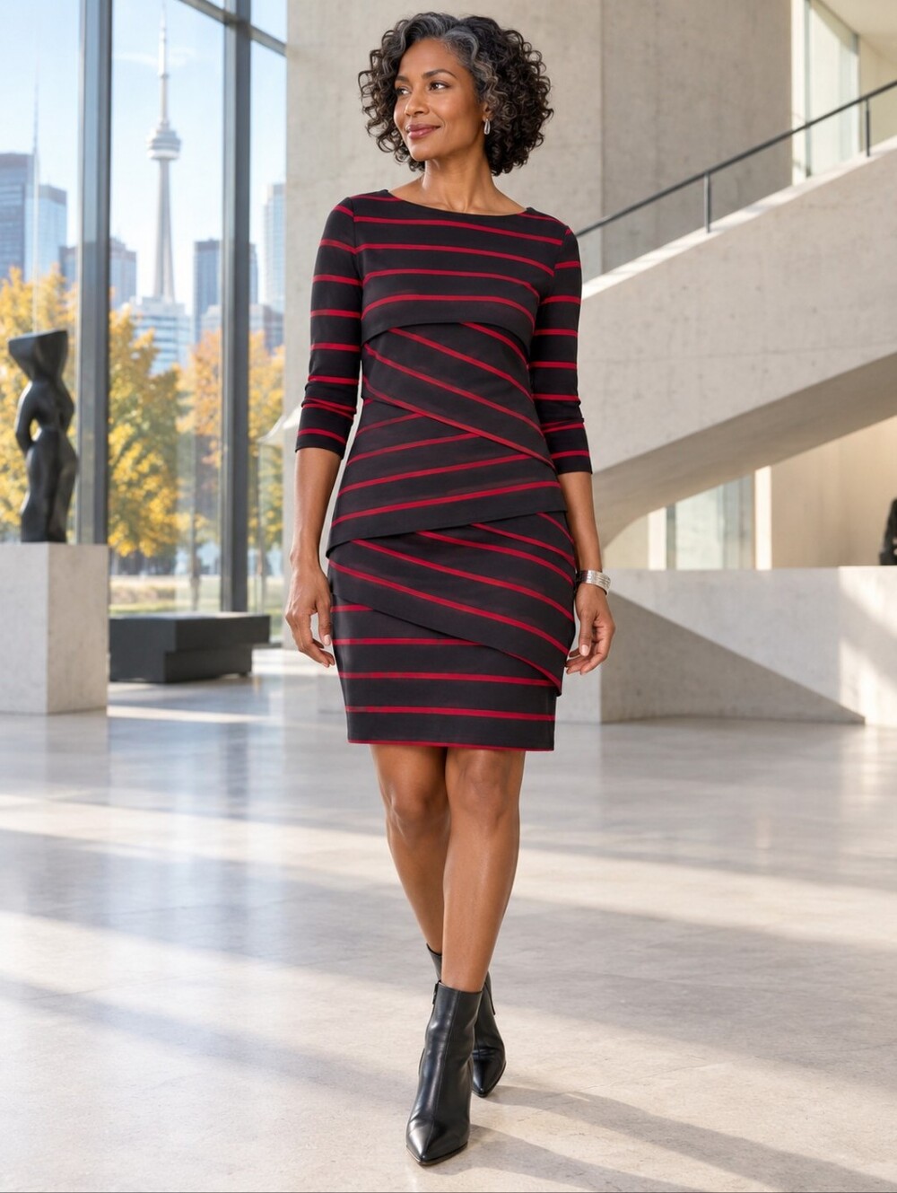 Calvin Klein Size 12 Black Red Stripe Asymmetrical Overlay Sheath Dress